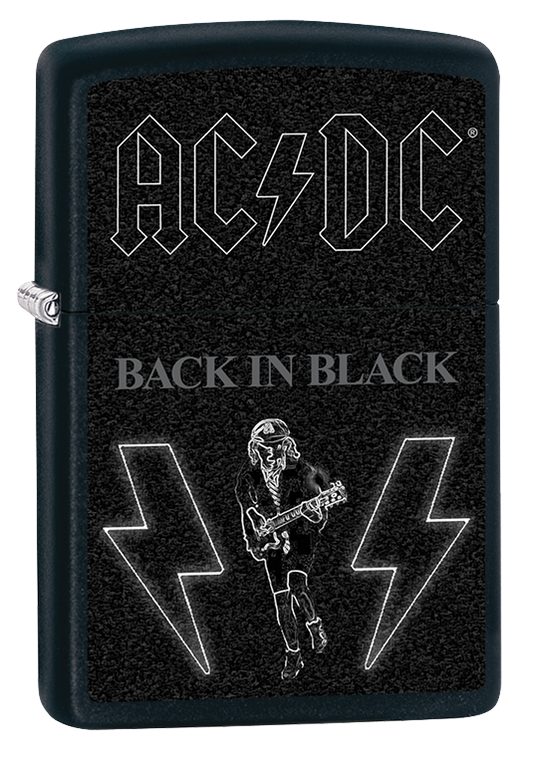 Vista de tres cuartos del mechero a prueba de viento Zippo AC/DC®