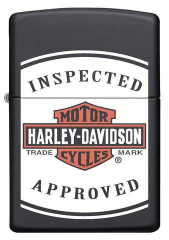 Vue de face briquet Zippo noir mat avec logo Harley Davidson et lettrage Inspected Approved