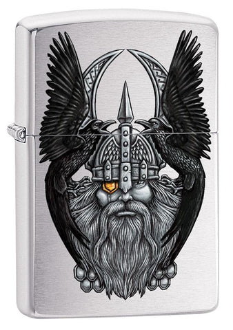 Vue de face 3/4 briquet Zippo chrome brossé avec tête d'Odin, père des dieux
