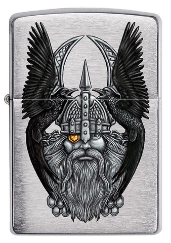 Vue de face briquet Zippo chrome brossé avec tête d'Odin, père des dieux