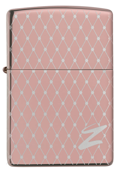 Frontansicht Zippo Feuerzeug 360 Grad Lasergravur Rose Gold Netz-Design mit Zippo Logo Online Only