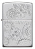 Vue de face briquet Zippo High Polish Chrome gravure laser avec engrenages et logo Zippo
