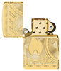 Encendedor Zippo Vista frontal que representa la llama Zippo en una moneda con arcos de círculos en grabado profundo Abierto y sin encender
