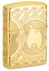 Encendedor Zippo vista trasera ¾ Diseño de la moneda en ángulo que representa la llama Zippo en una moneda con arcos de círculos en el grabado profundo