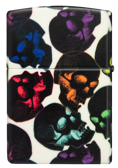 Vista trasera del encendedor Skulls Design con algunas calaveras multicolores brillando en la noche