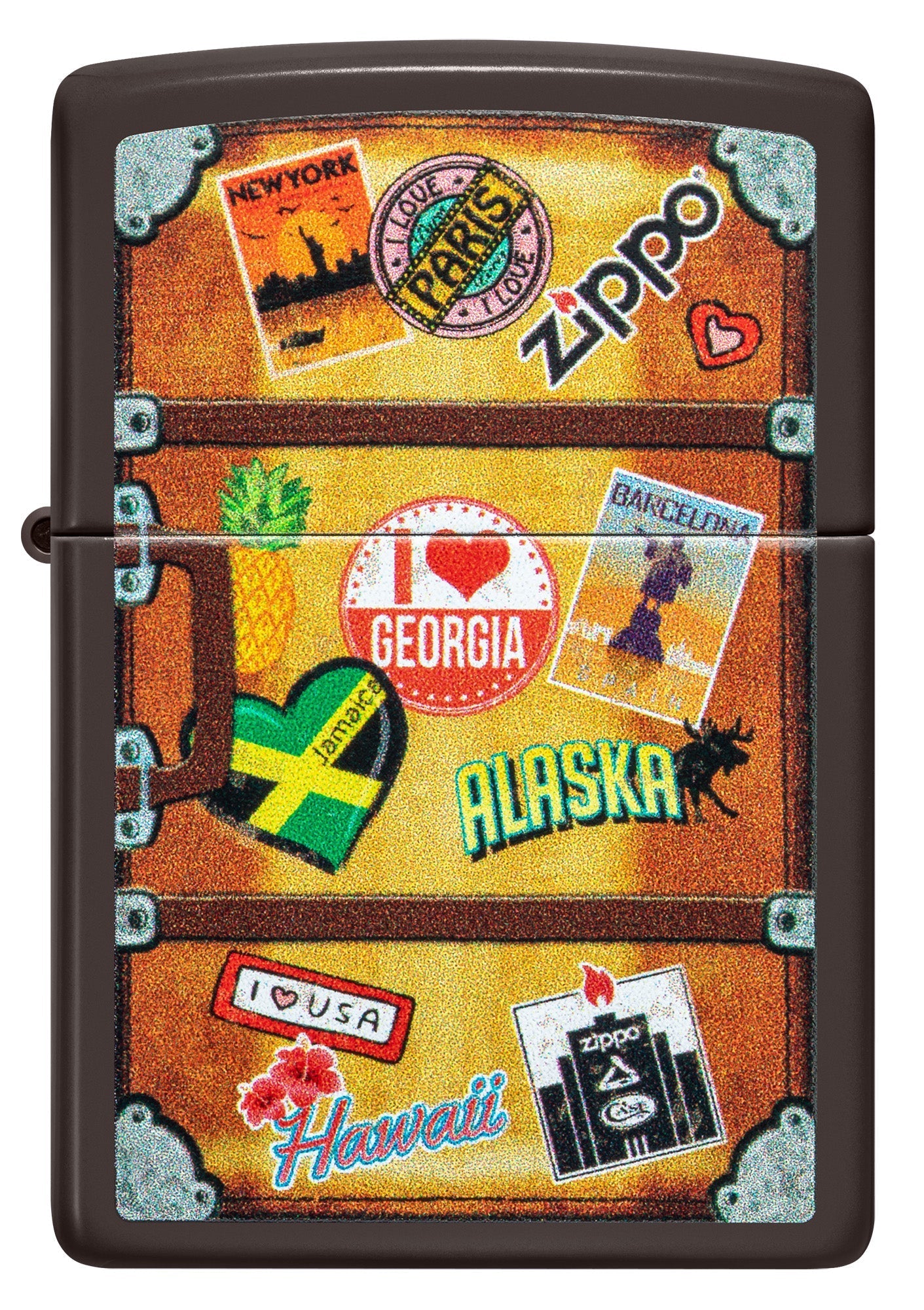 Encendedor Zippo Vista Frontal de color marrón que representa una maleta con una ciudad diferente pegado en él como París, Hawaii, Barcelona, Nueva York