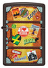 Encendedor Zippo Vista Frontal de color marrón que representa una maleta con una ciudad diferente pegado en él como París, Hawaii, Barcelona, Nueva York