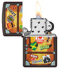 Encendedor Zippo vista frontal marrón que representa una maleta con una ciudad diferente pegatinas pegadas en él como París, Hawai, Barcelona, Nueva York abrió y Lit