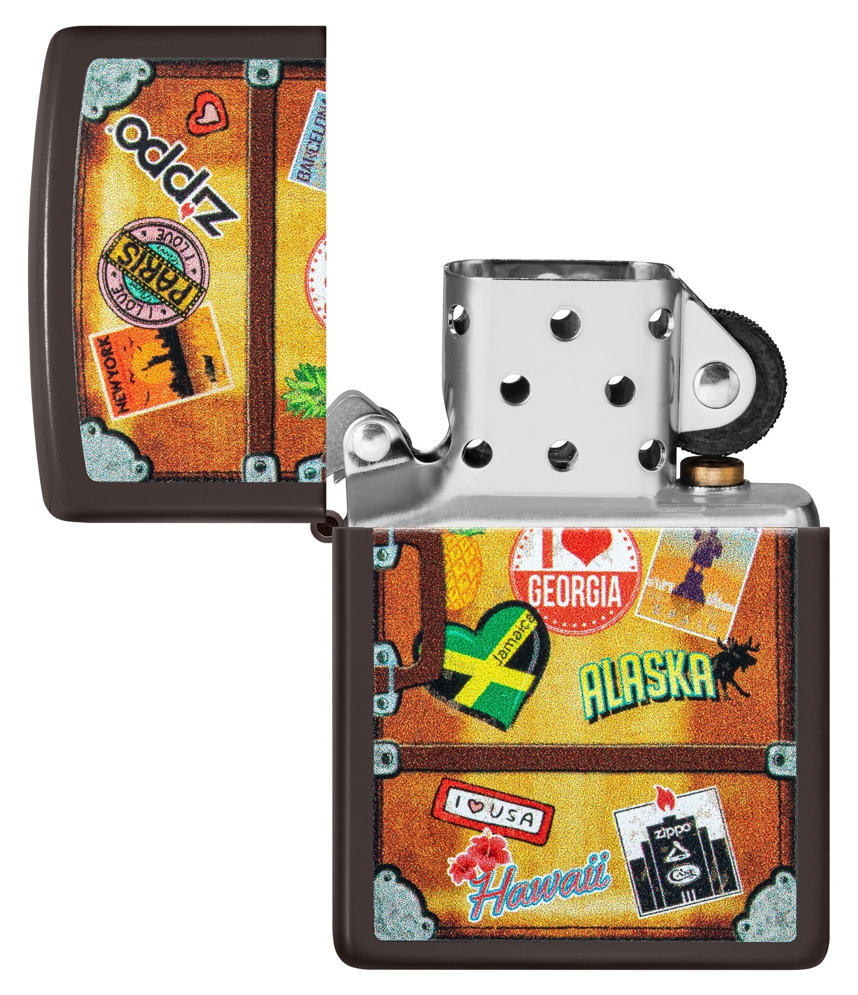 Encendedor Zippo Vista frontal de color marrón que representa una maleta con una ciudad diferente pegatinas pegadas en él como París, Hawai, Barcelona, Nueva York abierto y sin encender