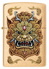 Vista frontal del encendedor Zippo a prueba de viento Foo Dog Design, que muestra un león imperial dorado al estilo del arte chino.