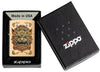 Encendedor Zippo a prueba de viento Foo Dog Design en su caja de regalo, que muestra un león imperial dorado al estilo del arte chino.