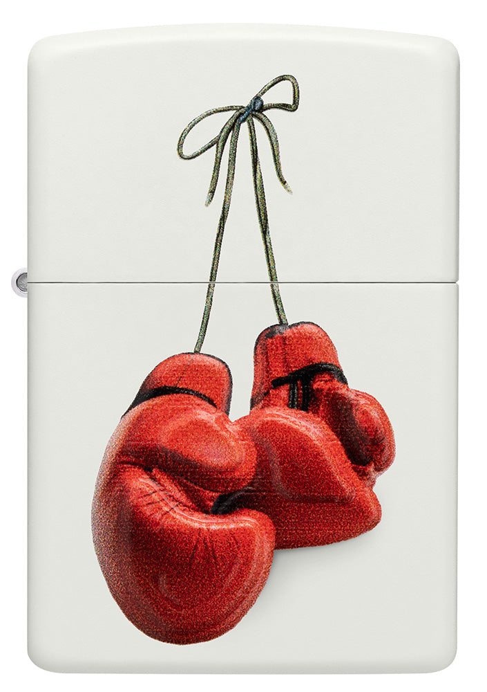 Vista frontal encendedor Zippo blanco con guantes de boxeo rojos