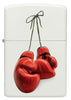 Vista frontal encendedor Zippo blanco con guantes de boxeo rojos