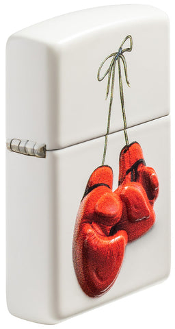 Vista frontal del encendedor Zippo blanco con guantes de boxeo rojos