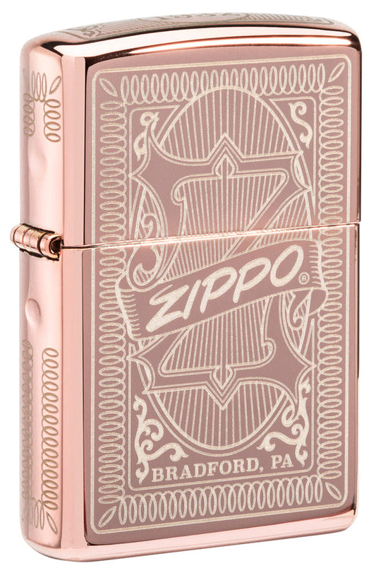 Frontansicht 3/4 Winkel Zippo Feuerzeug Streichholzschachtel mit Logo Rose Gold
