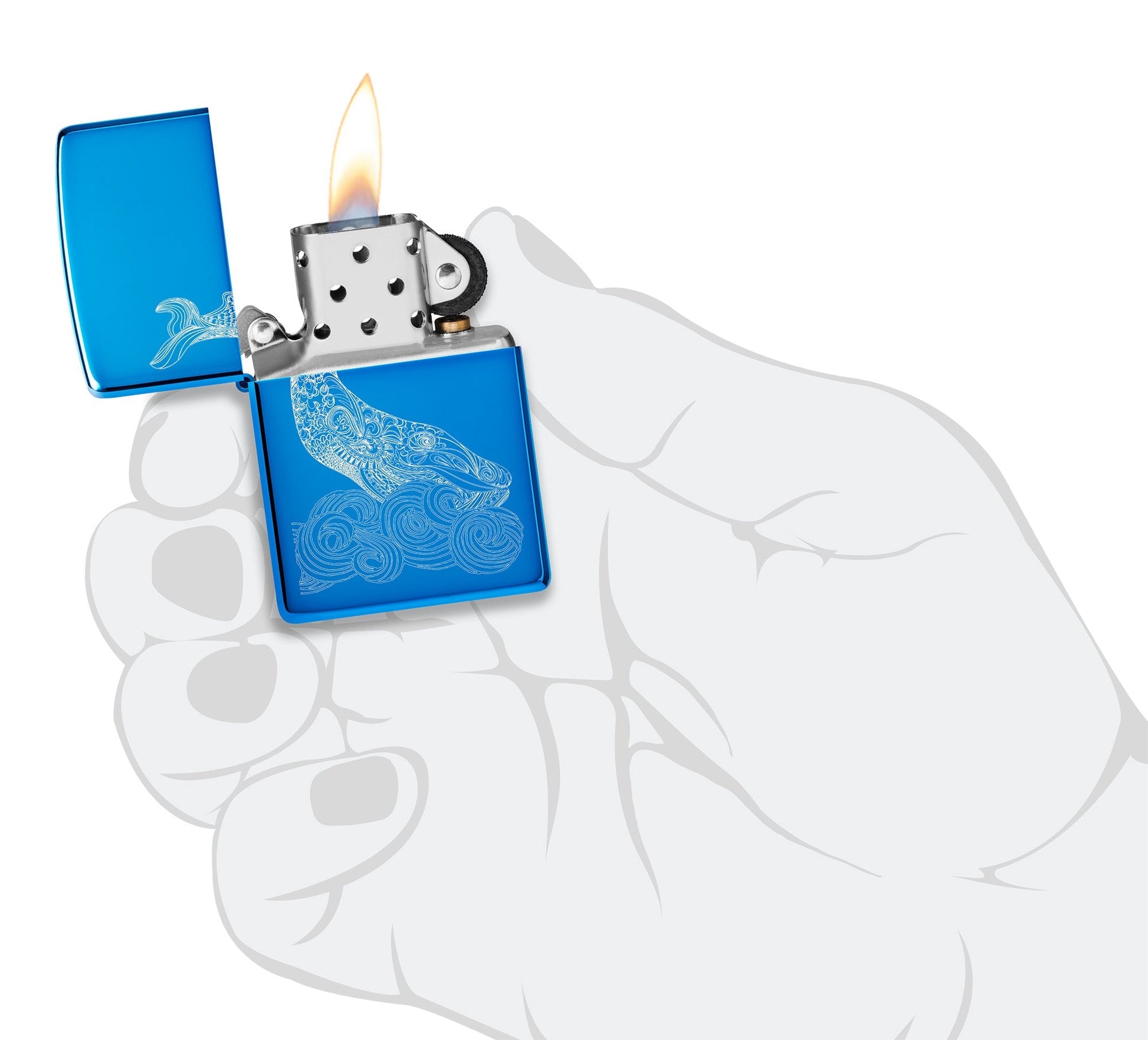Encendedor Zippo vista frontal abierto y encendido Diseño de ballena azul claro brillante con una ballena grabada con olas redondas en mano estilizada
