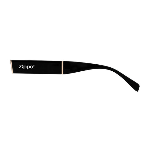 Vista frontal de las gafas Zippo en negro con el logotipo Zippo en blanco y las juntas en rosa claro