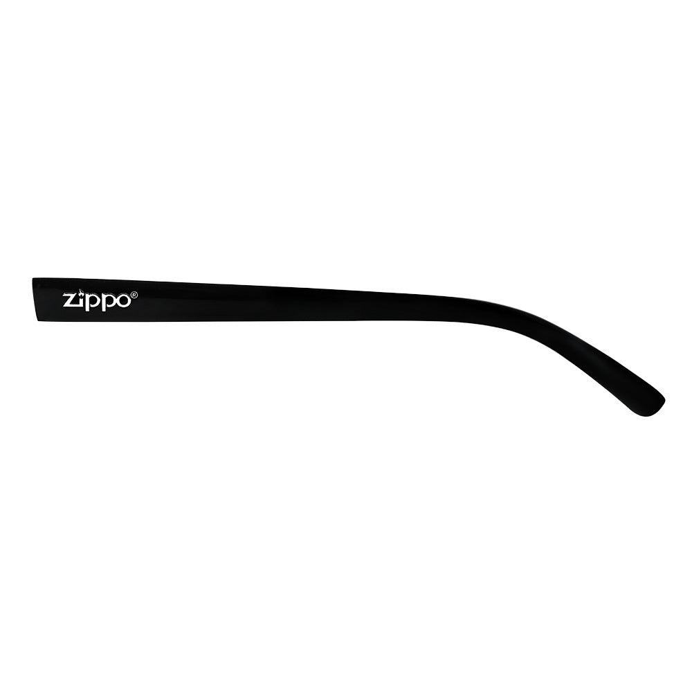 Vista frontal de las gafas Zippo en negro con el logotipo Zippo en blanco