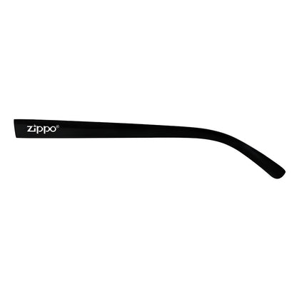 Vista frontal de las gafas Zippo en negro con el logotipo Zippo en blanco