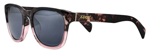 Gafas de sol Zippo de vista frontal ¾ de ángulo con montura cuadrada en marrón jaspeado y sección rosa en la montura