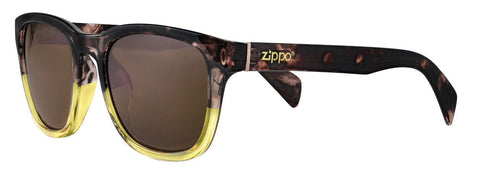 Gafas de sol Zippo de vista frontal ¾ de ángulo con montura cuadrada en marrón jaspeado y sección amarilla en la montura