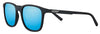 Gafas de sol Zippo de vista frontal ¾ de ángulo con lentes azul claro y marco cuadrado estrecho en negro con logotipo Zippo blanco