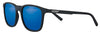 Gafas de sol Zippo de vista frontal ¾ de ángulo con lentes azul oscuro y montura cuadrada estrecha en negro con logotipo Zippo blanco