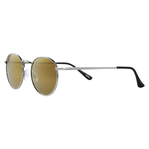 Gafas de sol Zippo vista frontal ¾ de ángulo con lentes redondas de color marrón y marco de metal delgado de plata con tapa de extremo negro