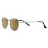 Gafas de sol Zippo vista frontal ¾ de ángulo con lentes redondas de color marrón y marco de metal delgado de plata con tapa de extremo negro