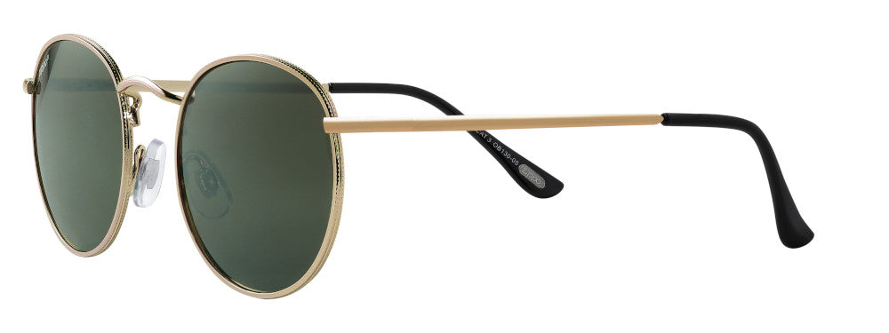 Gafas de sol Zippo vista frontal ¾ de ángulo con lentes redondas y marco de metal delgado en oro con tapa negra
