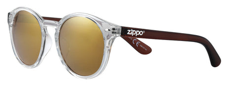 Gafas de sol Zippo vista frontal ¾ de ángulo con montura y lentes transparentes y patillas en color marrón
