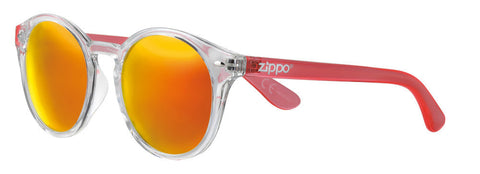 Gafas de sol Zippo vista frontal ¾ de ángulo con montura y lentes transparentes y patillas en naranja