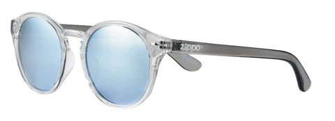 Gafas de sol Zippo vista frontal ¾ de ángulo con montura transparente y patillas en negro
