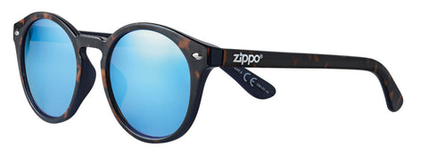 Gafas de sol Zippo vista frontal ¾ de ángulo con lentes redondas y patillas anchas en varios tonos de marrón con el logotipo blanco de Zippo